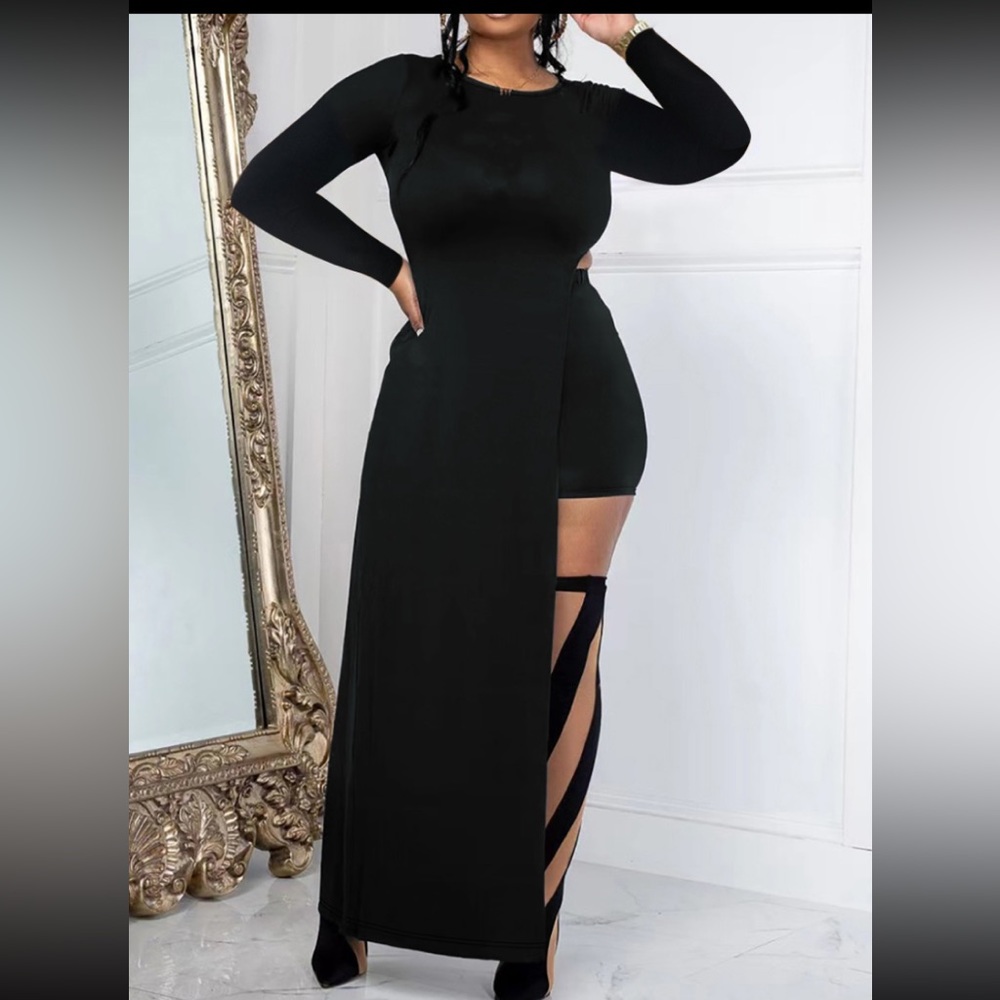 BLACK LONG SLEEVE ASYMMETRICAL HEM TOP & SHORT SET